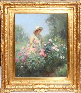 A lady wearing a straw hat and tending to flowers by 
																	Charles Waltensperger