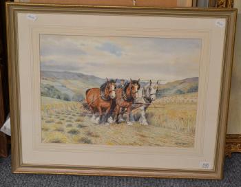 A farmer and three shire Horses haymaking by 
																	Dorothy Margaret Alderson
