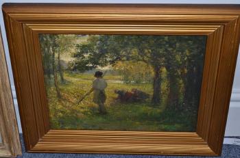 Figures working in a sunlit glade by 
																			James Faulds