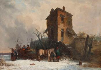 Winter landscape with travellers resting near a tavern by 
																	Laurent Herman Redig
