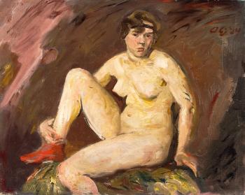 Sitzender weiblicher Akt mit rotem Strumpf by 
																	Otto Gussmann