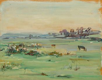 Das farbenfrohe Bild gibt einen weiten Blick in eine Landschaft mit weidenden Kühen frei by 
																	Nina Rothney