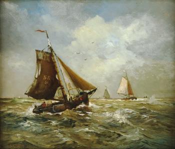 Auf stürmischer See befinden sich fünf Schiffe, begleitet von Möwen, hinterfangen von dramatischer Wolkenstimmung by 
																	Hans Wacker-Elsen