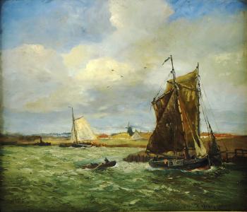 Am Ufer des Meeres sind mehrere Schiffe vor Anker gegangen by 
																	Hans Wacker-Elsen