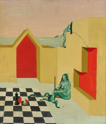 Surrealistisch gefärbte Komposition mit schachspielender Frau in einem Innenhof by 
																	Harald Gallasch