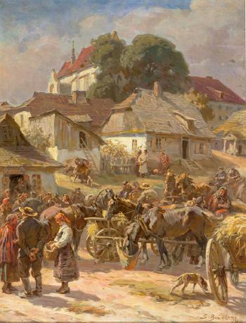 Markttag in einem Dorf mit figurenreicher Szenerie by 
																			Stanislaw Bagienski