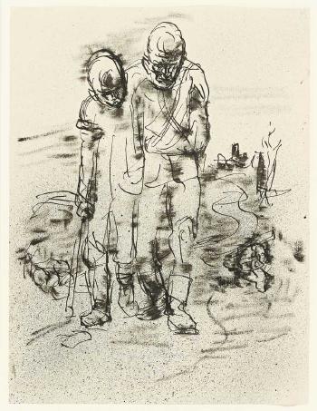 Mit nervös wirkend ausgeführten Strichten hält Ortelt in einer wenig differenzierten Landschaft zwei sich im Gehen unterstützende, verletzte Männer fest by 
																	Karl Ortelt