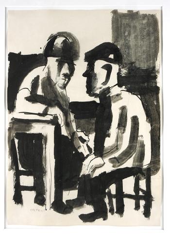 Zwei am Tisch sitzende, konversierende Männer by 
																	Karl Ortelt