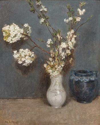 Blühende Zweige in einer Vase, seitlich Jugendstilgefäß by 
																			Anton Wrabetz