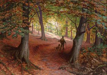 Herbstwald mit Jäger und Hund auf dem Weg by 
																			Wilhelm Immenkamp