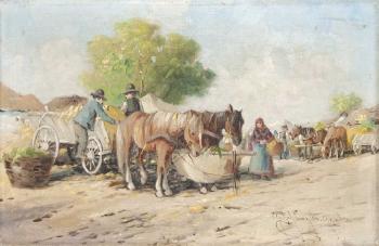 Marktszene mit Pferdekarren by 
																	Gyula Nemeth Gutahazy