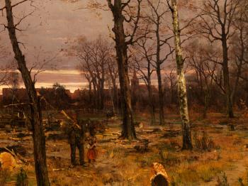 Holzfäller im herbstlichen Wald bei Abendstimmung by 
																			Friedrich Nath