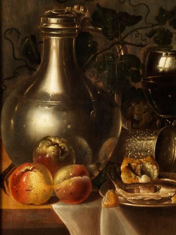 Stillleben mit Zinnkanne, grossem Römerglas, Schinken und Prunkgeschirr by 
																			Cornelis Kruys