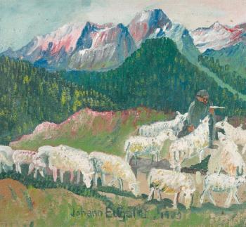 Schafhirte mit seiner Herde in Alplandschaft by 
																	Johann Eugster