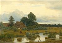 Farm with Horses at a Pond by 
																	Anton Zwengauer
