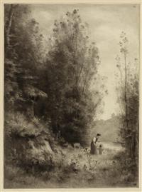 Landscape of Trees with Woman and Child by a Watercourse by 
																	Jules-Louis Badel