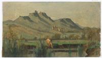 Mountainous landscape with Castle and with a Cow by the Water by 
																	Jules-Louis Badel