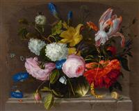 Still life of flowers in a vase on a stone plinth with insects by 
																	Jacob van Walscapelle