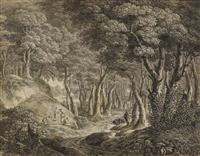 Forest landscape with travellers on the road by 
																	Johann Heinrich Troll