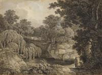 Two monks at the waterside in a wooded landscape by 
																	Johann Heinrich Troll