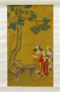 A large hanging scroll of a Chinese Official and two Foreigners with Lions by 
																	 Yan Liben