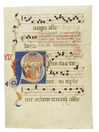 Sheet from a gradual with the historiated initial S and a depiction of the outpouring of the Holy Spirit by 
																	Vanni di Baldolo