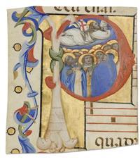 Historiated initial P cut from an antiphonary with the Ascent of Christ into Heaven by 
																	 Nicolo da Bologna