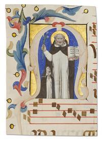 Historiated initial M cut from an antiphonary with Saint Dominic and a Dominican nun in adoration by 
																	 Nicolo da Bologna