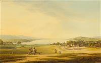 View of Lake Geneva Eaux Vives et Cologny vus des Tranchées, à gauche la Porte de Rive et la Tour Maîtresse by 
																	Simon Malcho