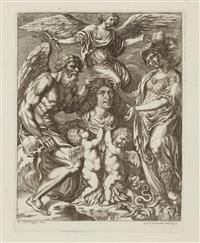 Self-portrait, carried by two putti and flanked by an angel and Athena by 
																	Georg Christoph Eimmart