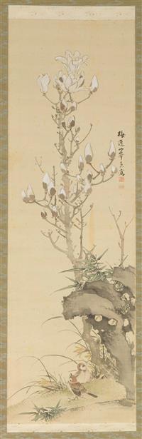 a) Budding magnolia behind a rock; b) Two birds on a branch by 
																	Yamamoto Baiitsu