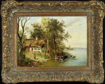Bauernhof am See mit Bäuerin und Kühen by 
																	Conrad Reinherz