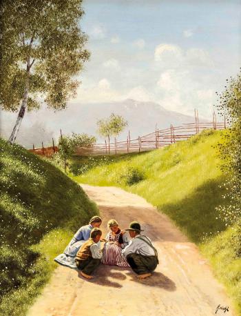 Alpenlandschaft mit spielenden Kindern by 
																	Alois Reichl