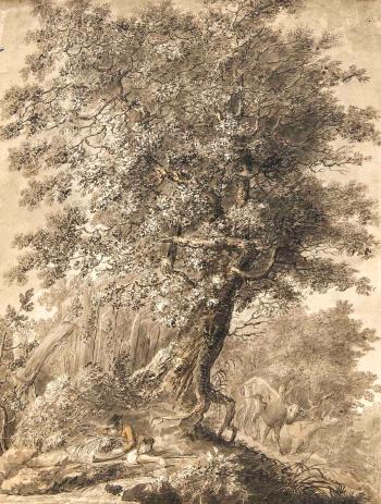 Pastorale, junger Hirte rastet im Schatten einer großen Eiche by 
																	Franz Joseph Zoll