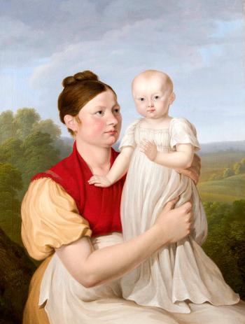 Mutter mit ihrem Kind vor einer Landschaft by 
																	Frederic Fregevize
