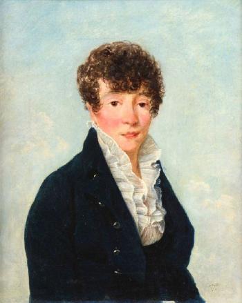 Portrait de jeune homme en redingote bleue et chemise à col de dentelles sur fond de ciel by 
																	Francois Jean Sablet