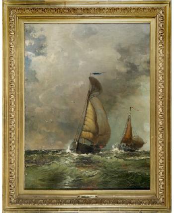 Sailboats on a frothy sea by 
																			Arthur Quartley