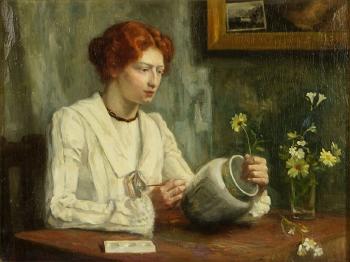 Lady painting a vase by 
																			Agnieta Cornelia Gyswyt