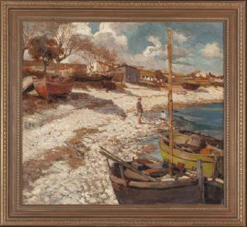 Boy on a Beach with a Skiff by 
																			Erwin Puchinger