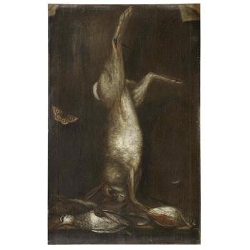 A  trompe Loeil of a hare with a butterfly and dead birds; and A  trompe loeil of a hare with smoking paraphernalia by 
																			Johann Michael Hambach