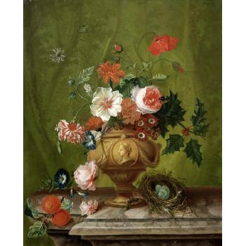 Roses, poppies, holly, carnations and other flowers in a bronze urn with a birds nest, a caterpillar and peaches by 
																	Abraham Teixeira de Mattos