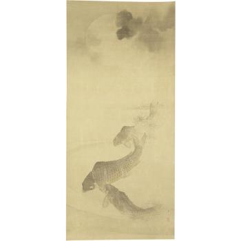 Three carps swimming among weeds beneath the full moon partially shrouded by wisps of clouds by 
																			Okamoto Toyohiko