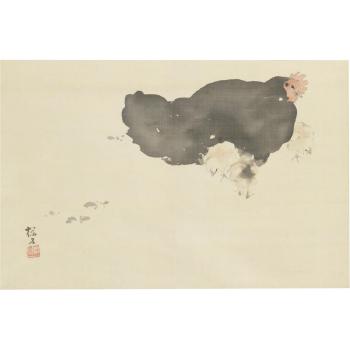 A black hen and three chicks pecking at the ground in search of food by 
																			Okoku Konoshima
