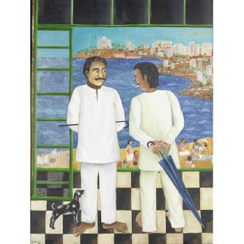 Two gentlemen on a seaside balcony by 
																	Nayanaa Kanodia