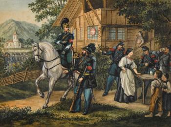 Rastende Soldaten bei Bauernfamilie (1); Kavallerie im Dorf (2) by 
																			Albert von Escher