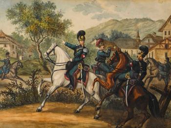 Rastende Soldaten bei Bauernfamilie (1); Kavallerie im Dorf (2) by 
																			Albert von Escher