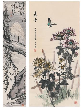 Heron on willow tree butterflies in flowers by 
																	 Huang Ruozhou