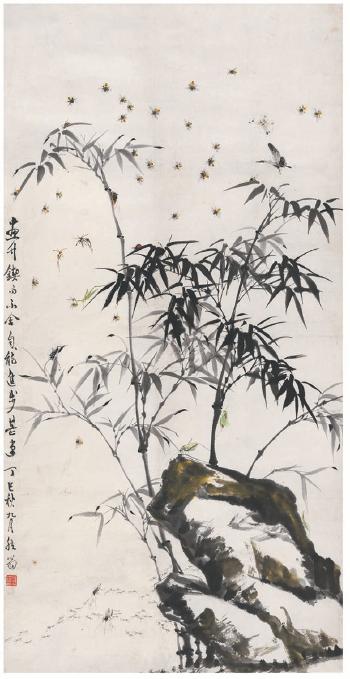 Bamboo，stone and butterfly by 
																	 Pan Ran