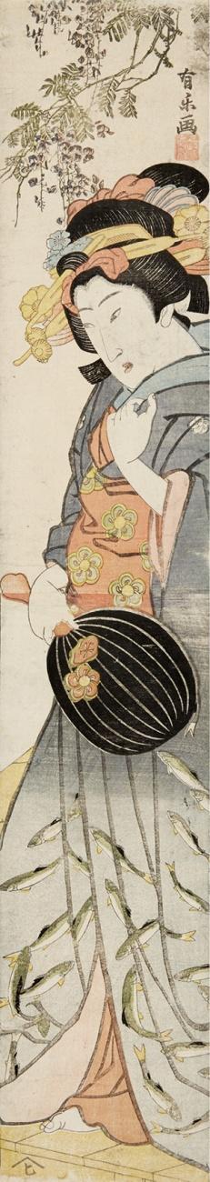 Young woman with fan underneath wisteria by 
																	Nagahide Yurakusai