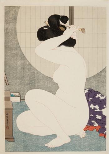 Arranging hair after a bath. Nude woman arranging her hair next to a round shôji window by 
																	Hirano Hakuho